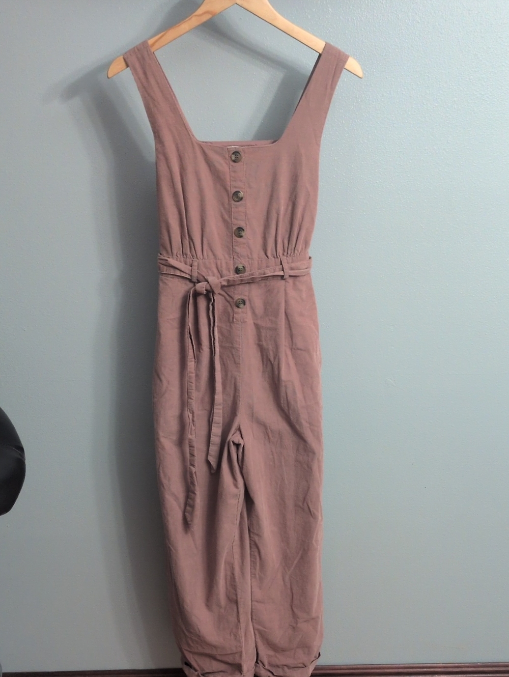 American Eagle Outfitters Dusty Mauve Corduroy Button-Front Tie-Waist Jumpsuit